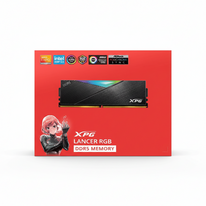 Front view of the black ADATA XPG LANCER RGB 16GB DDR5 memory module with RGB lighting.

