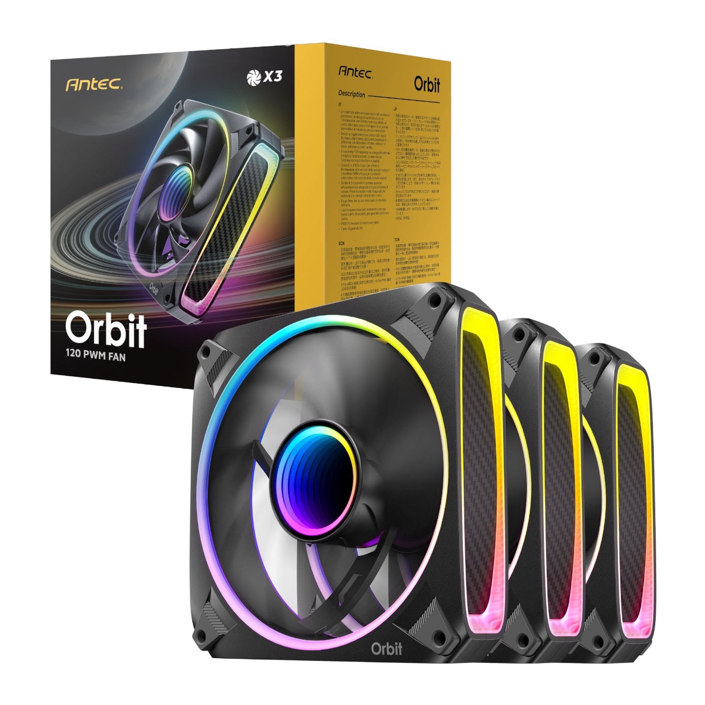Antec Orbit T20 PWM fan with RGB lighting and packaging on a white background