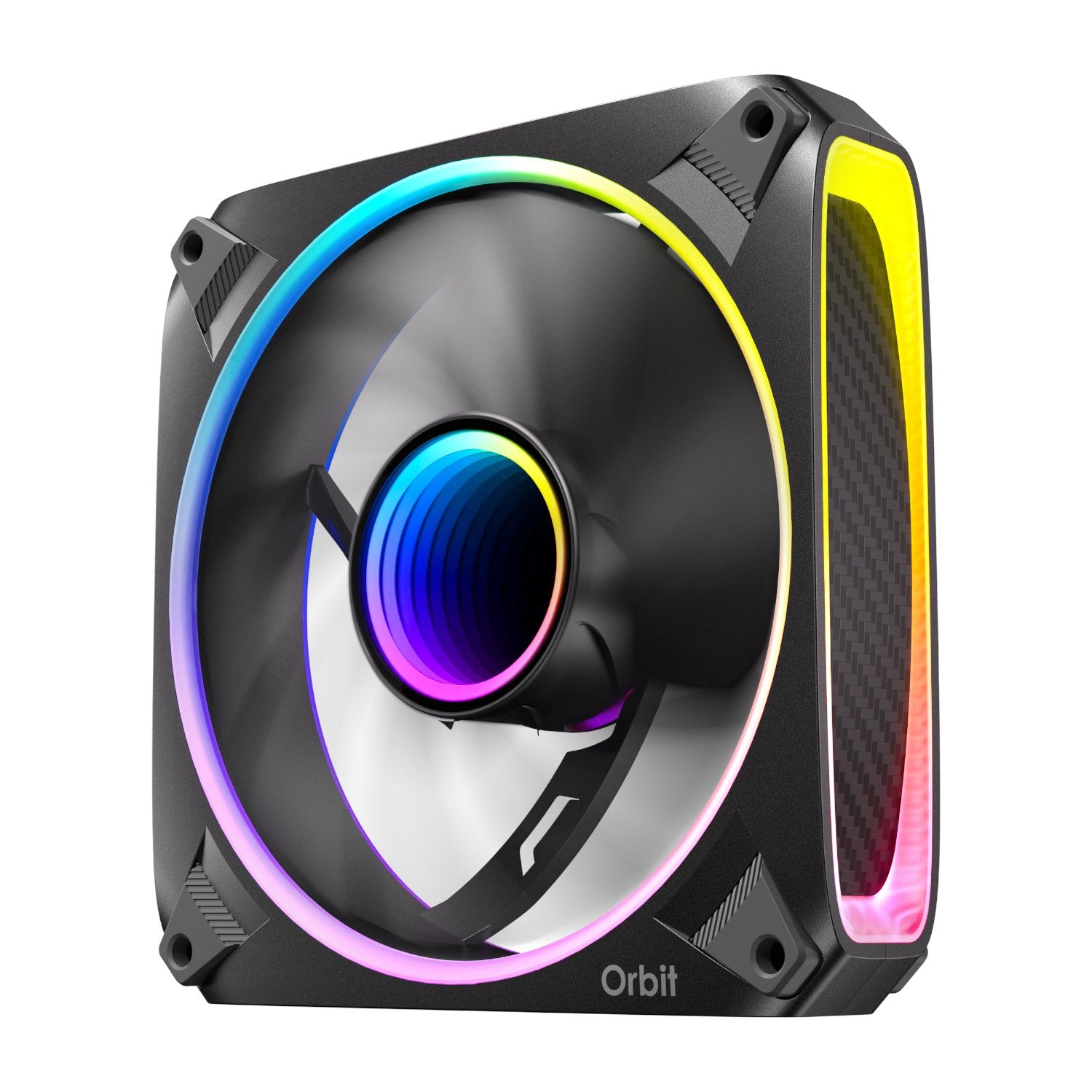 Computer fan with RGB lighting on a white background