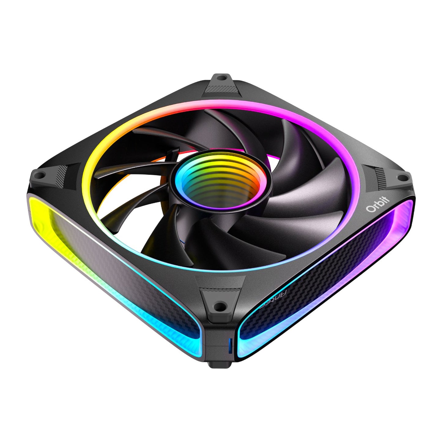 RGB cooling fan with colorful lighting on a white background