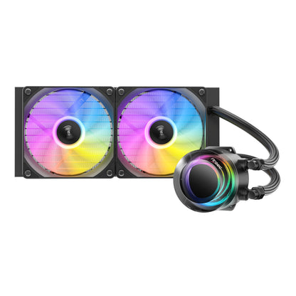 Computer cooling system with dual RGB fans and a reservoir on a white background