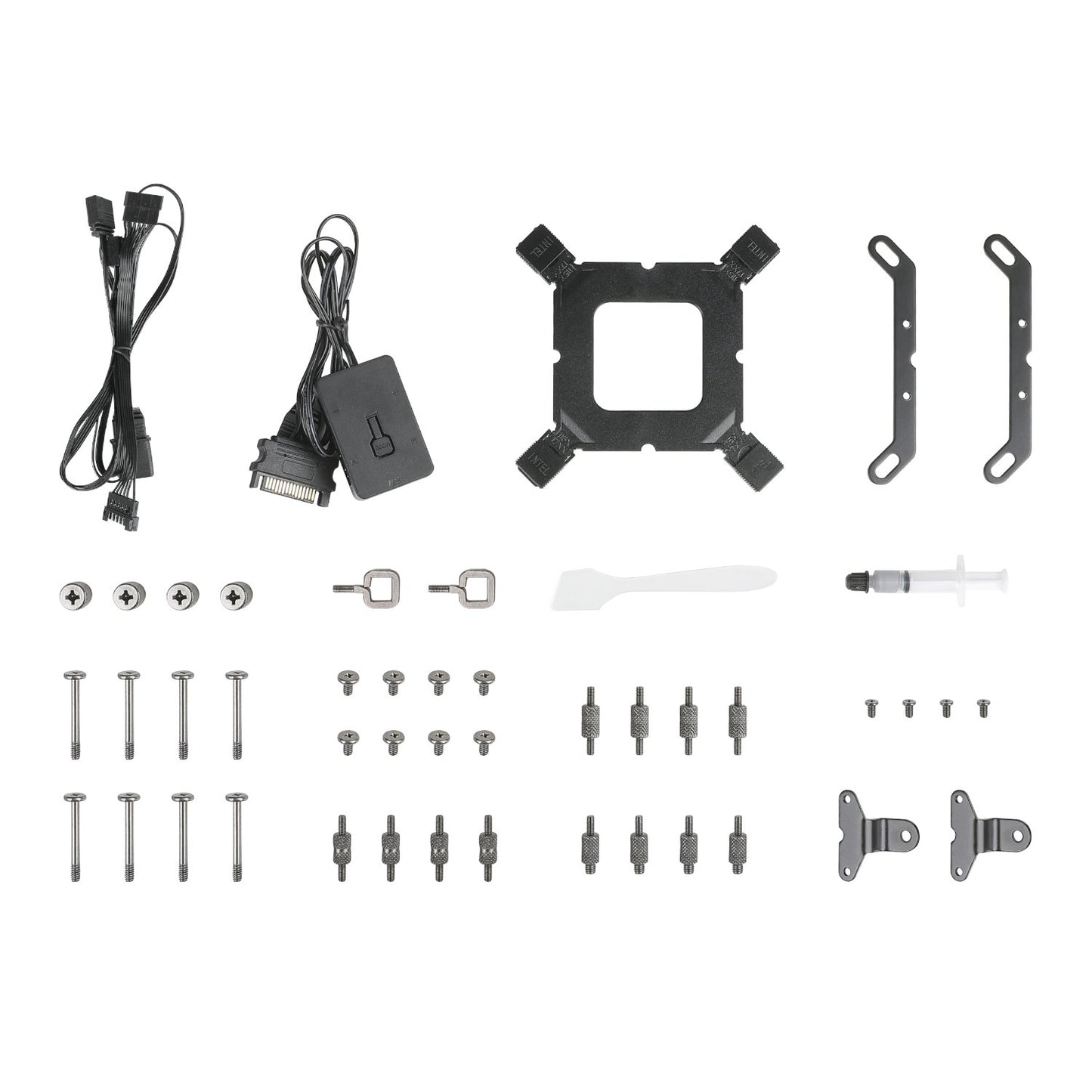 Collection of computer hardware components on a white background
