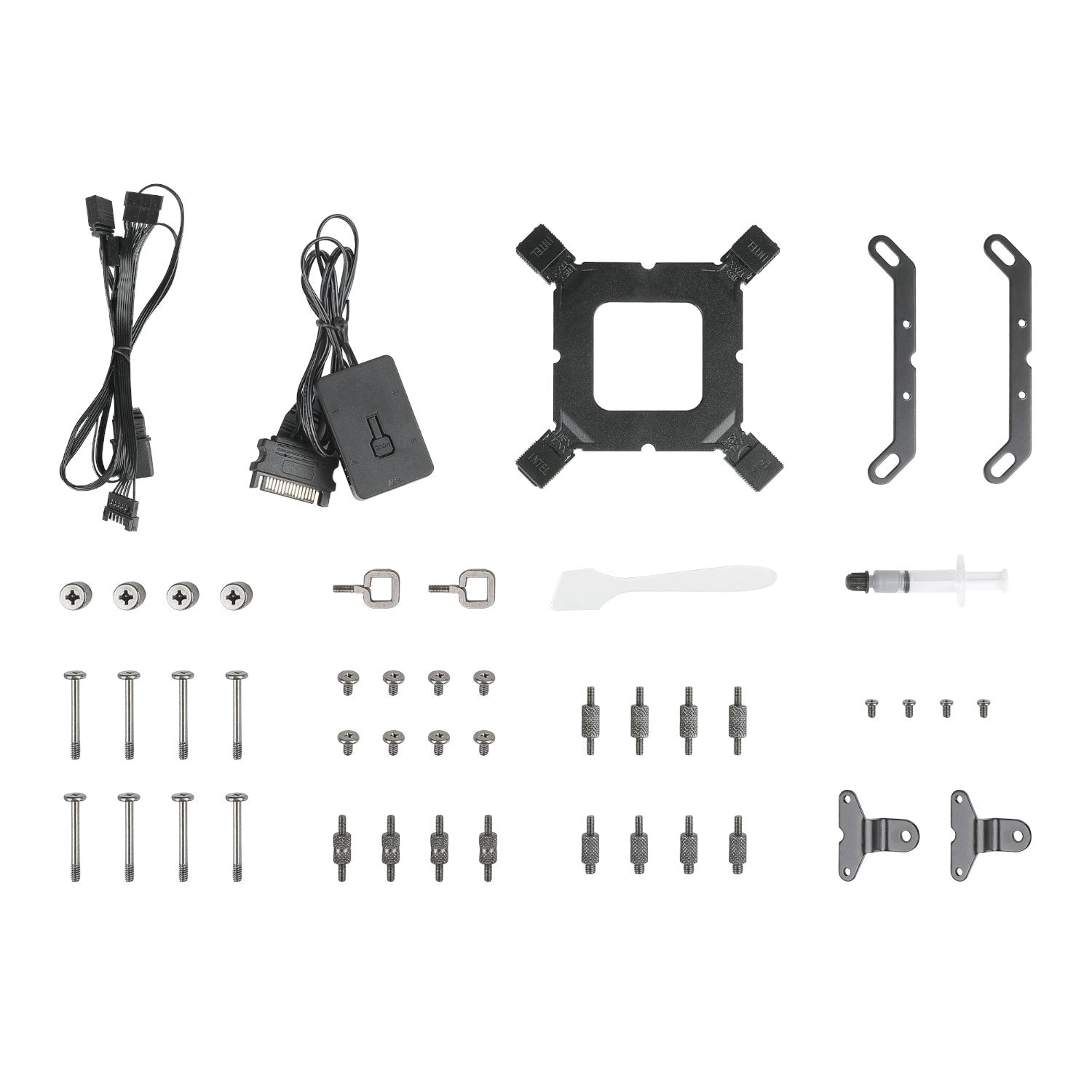 Collection of computer hardware components on a white background
