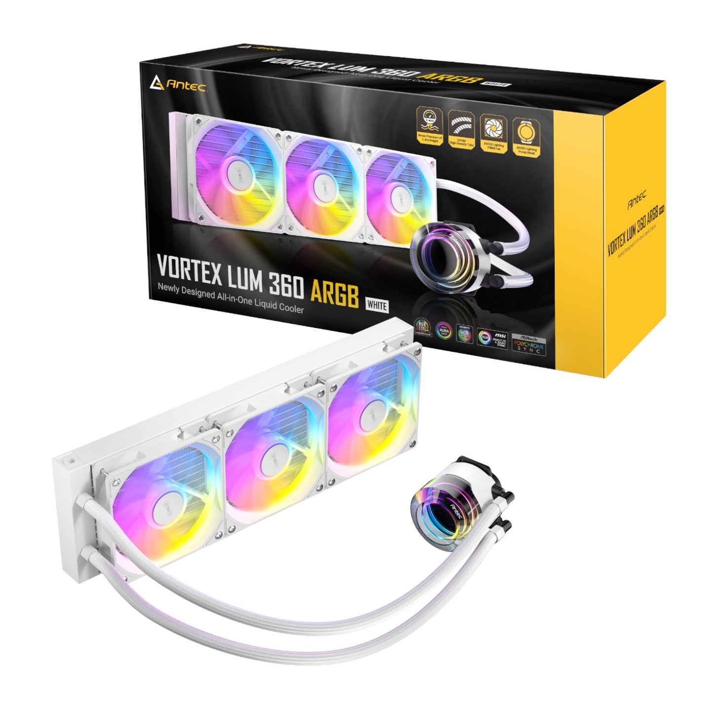 Antec Vortex LUM 360 ARGB cooling system with packaging on a white background