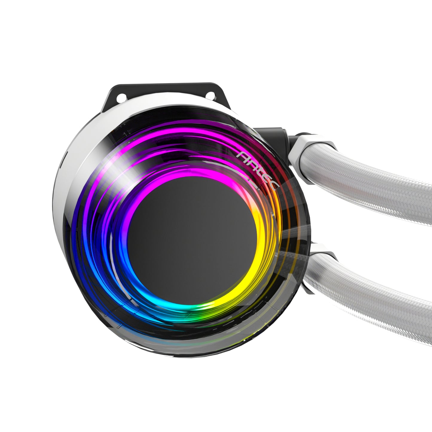 Computer cooling system with RGB lighting on a white background