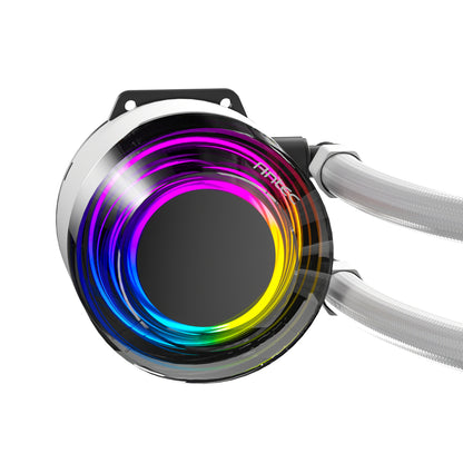 Computer cooling system with RGB lighting on a white background