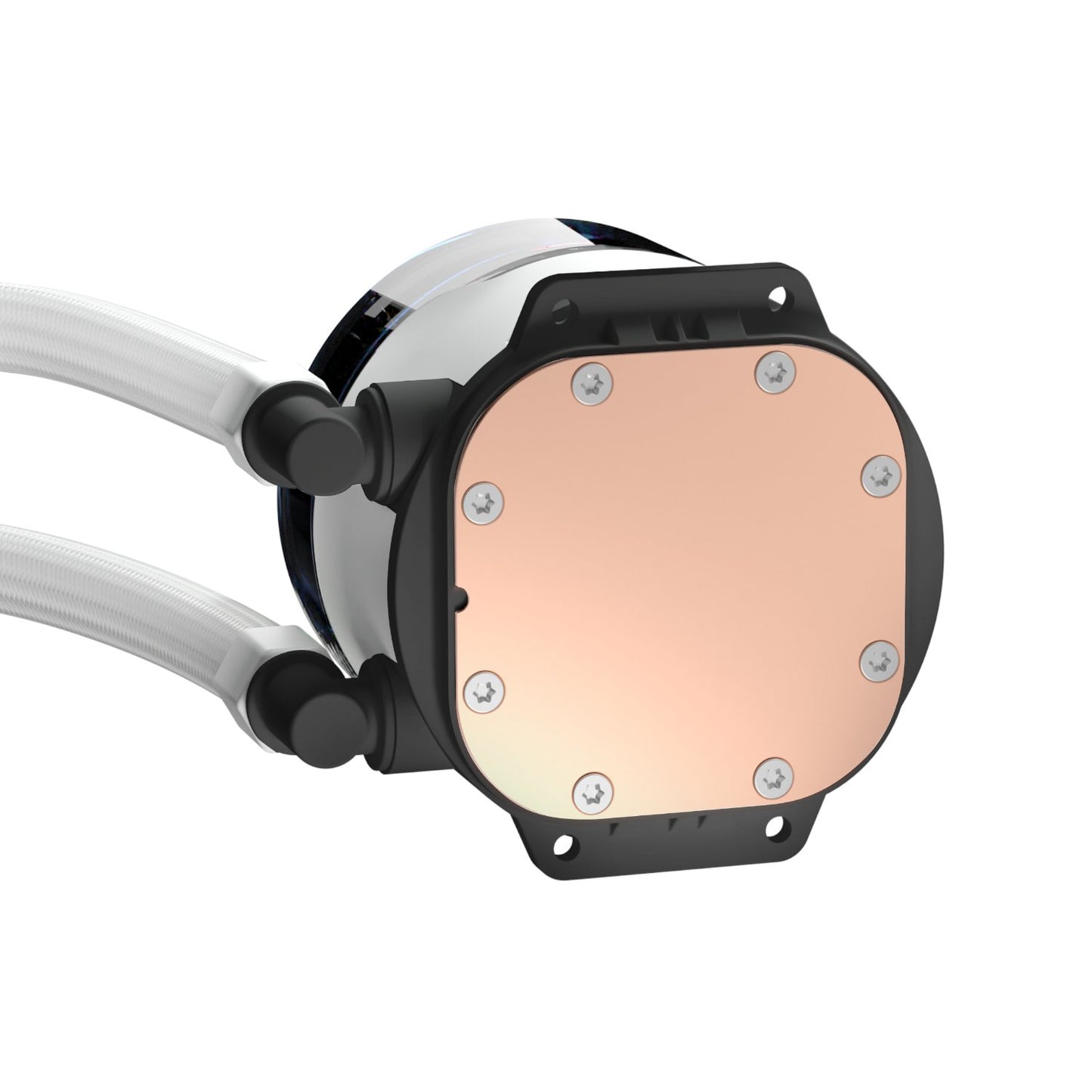 Computer water cooling pump with copper block on a white background