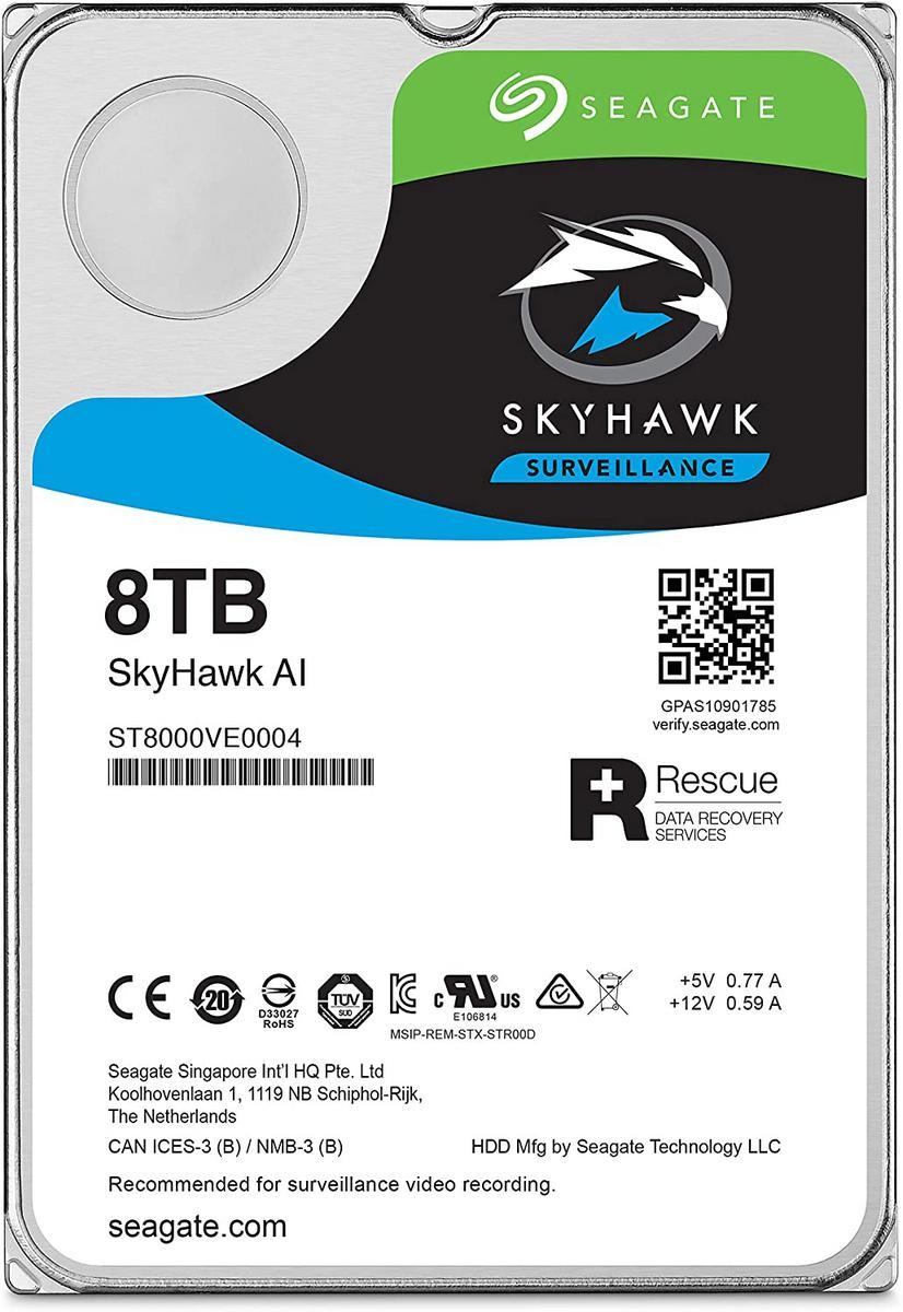 Seagate Skyhawk AI ST8000VE001.  8TB 3.5'' HDD Surveillance Drives; SATA 6GB/s Interface; 256MB Cache; RPM: 7200; 4KN