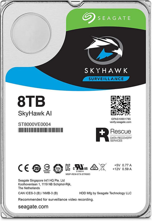 Seagate Skyhawk AI ST8000VE001.  8TB 3.5'' HDD Surveillance Drives; SATA 6GB/s Interface; 256MB Cache; RPM: 7200; 4KN