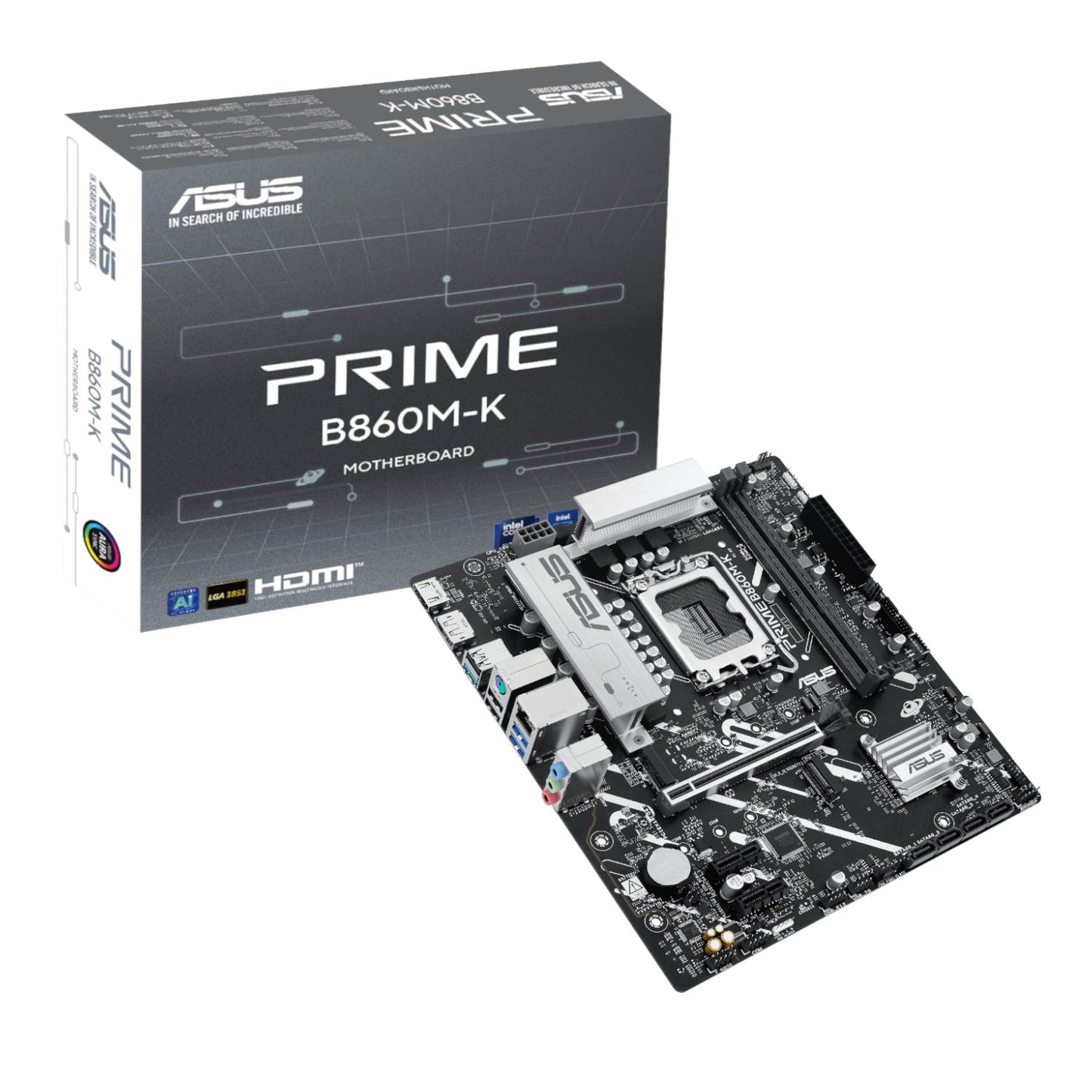 ASUS Prime B860M-K motherboard with packaging on a white background
