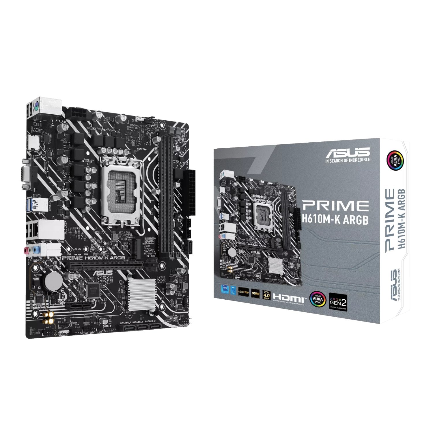 Asus Prime H610M-K ARGB motherboard with packaging on a white background