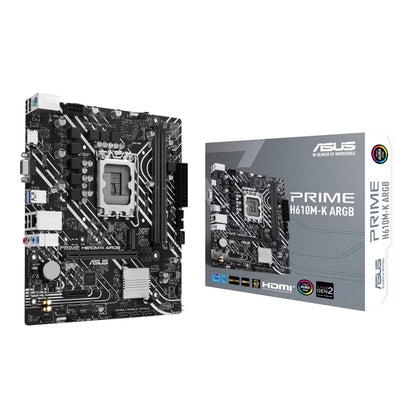 Asus Prime H610M-K ARGB motherboard with packaging on a white background