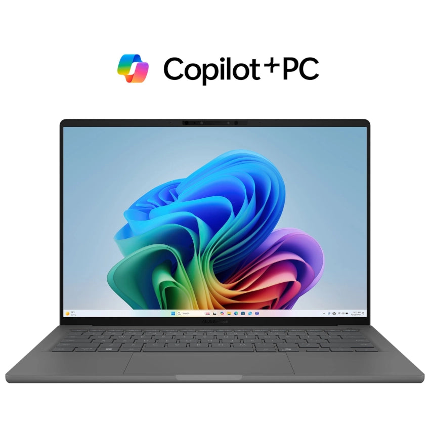 Asus_Zenbook_A14 Laptop with colorful display and 'Copilot+PC' branding on a white background