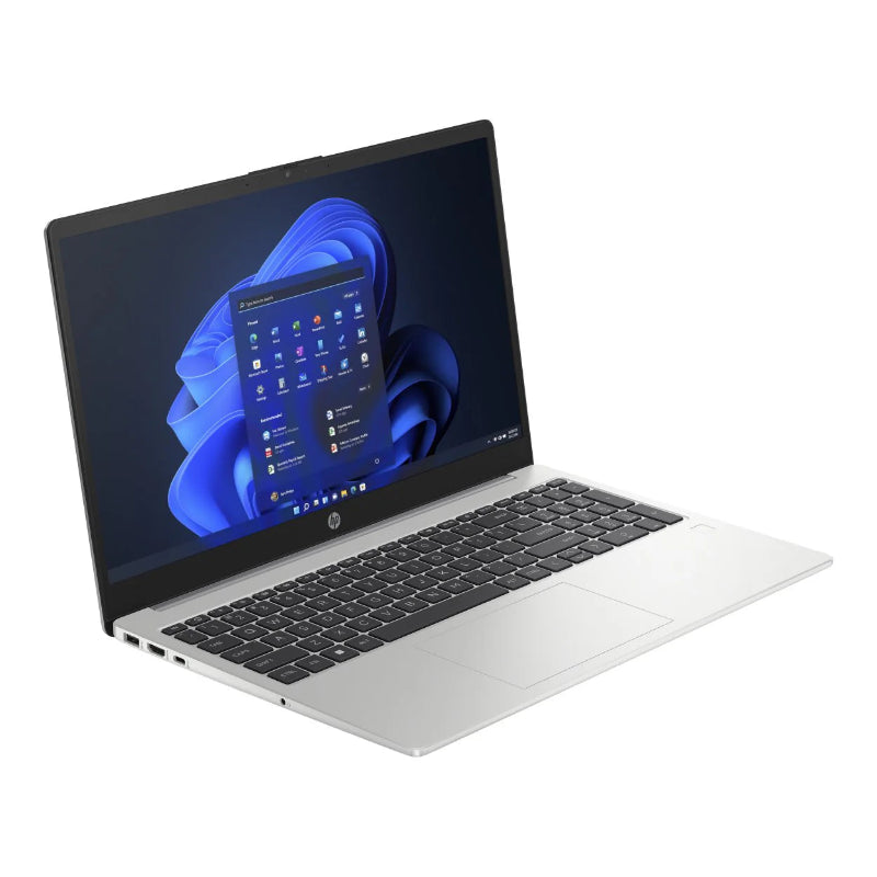 Open laptop with HP logo on a white background