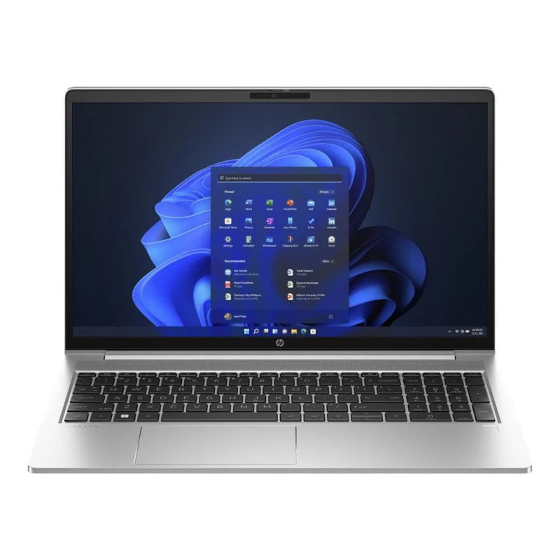 Laptop with a blue abstract design on the screen against a white background