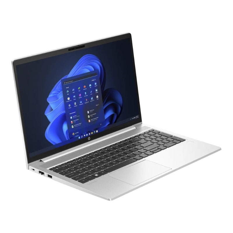 Laptop with a blue and black abstract design on the screen against a white background