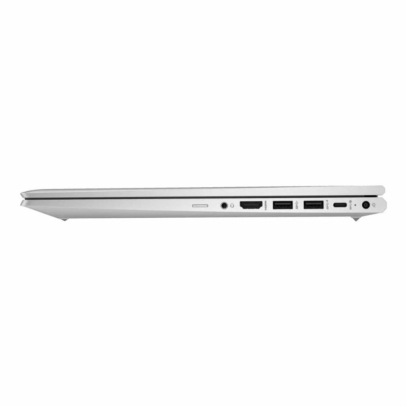 Side view of a silver laptop on a white background