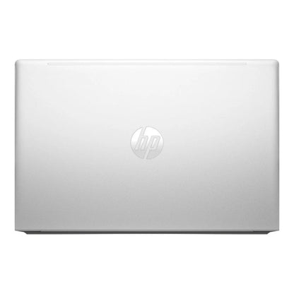 Silver HP laptop on a white background