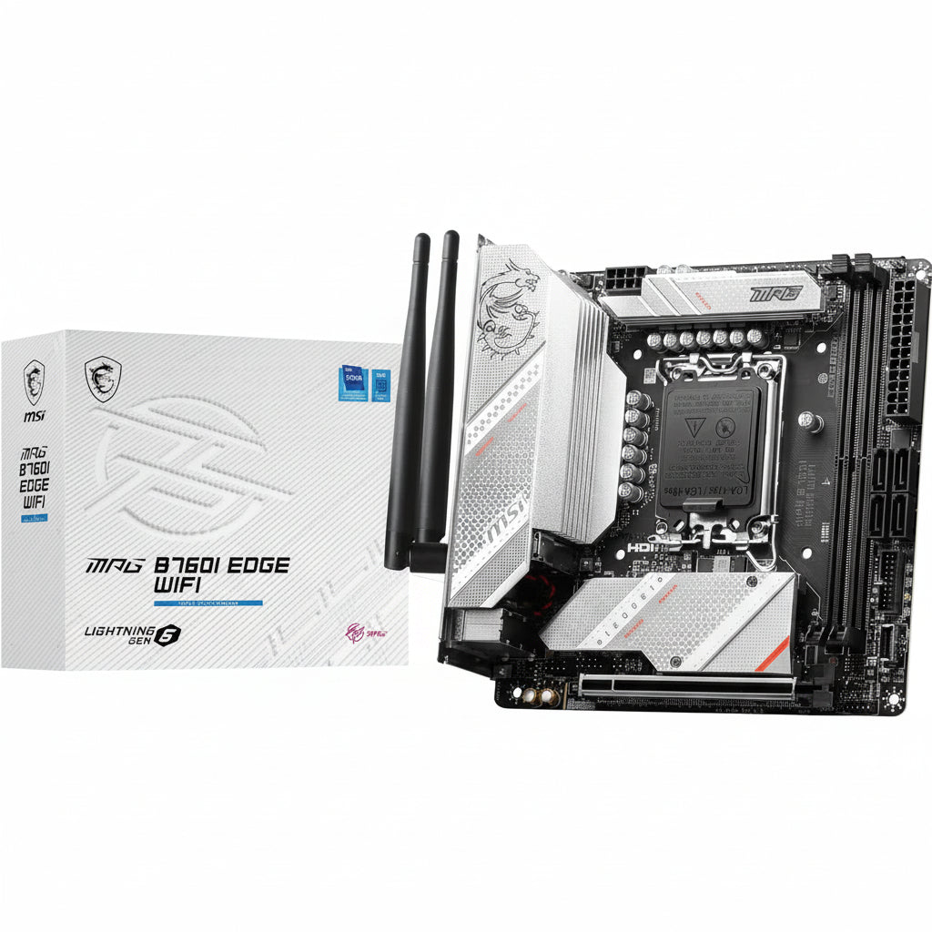 Front view of the MSI MPG B760I EDGE WIFI Mini-ITX motherboard.

