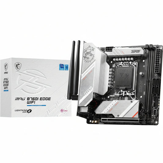 Front view of the MSI MPG B760I EDGE WIFI Mini-ITX motherboard.

