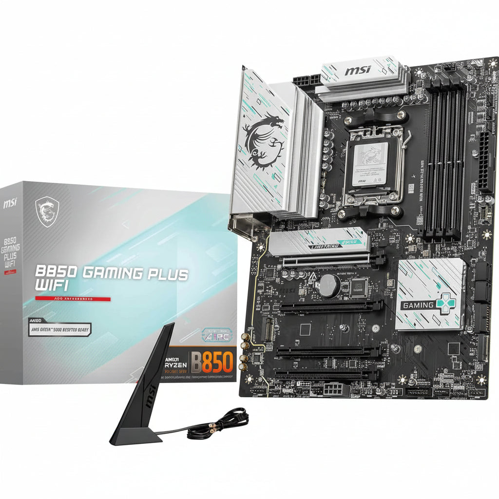 Front view of the MSI B850 GAMING PLUS WIFI V1 ATX motherboard.

