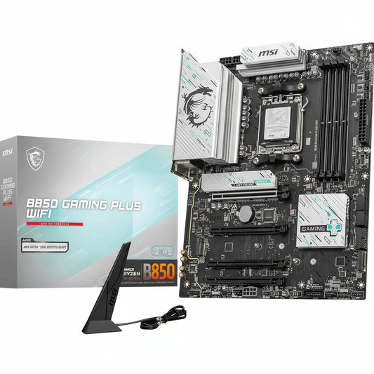 Front view of the MSI B850 GAMING PLUS WIFI V1 ATX motherboard.

