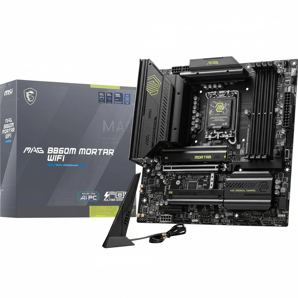 Front view of the MSI MAG B860M MORTAR WIFI mATX motherboard.

