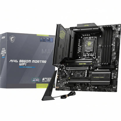 Front view of the MSI MAG B860M MORTAR WIFI mATX motherboard.

