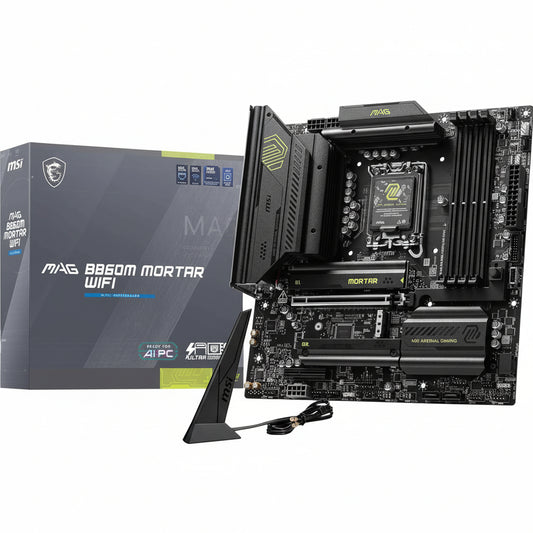 Front view of the MSI MAG B860M MORTAR WIFI mATX motherboard.

