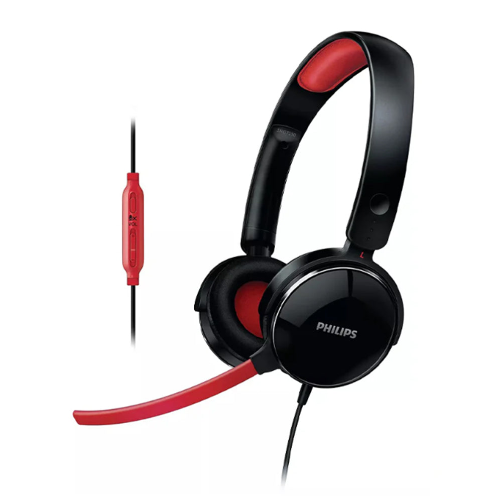 Philips SHG7210 PC gaming headset with mic, extra bass, black with red accents and inline control.