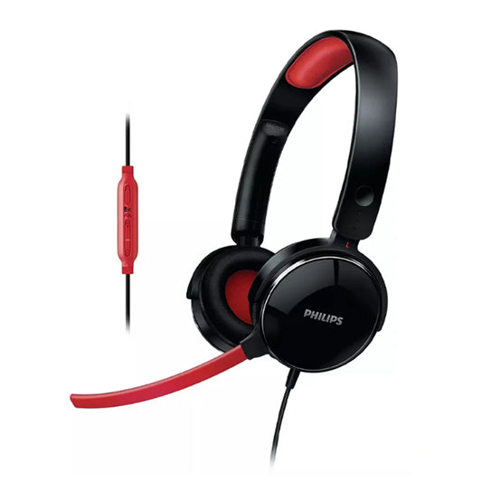 Philips SHG7210 PC gaming headset with mic, extra bass, black with red accents and inline control.