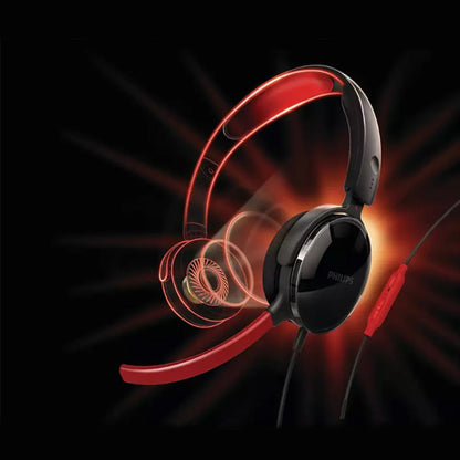 Philips SHG7210 PC gaming headset with mic, red accents, cushioned ear pads, 40mm drivers for extra bass.