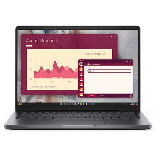 Dell Pro 14 laptop front view with lid open.

