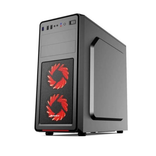 Close-up detail of the front I/O panel with USB 3.0, USB 2.0, and audio ports.

