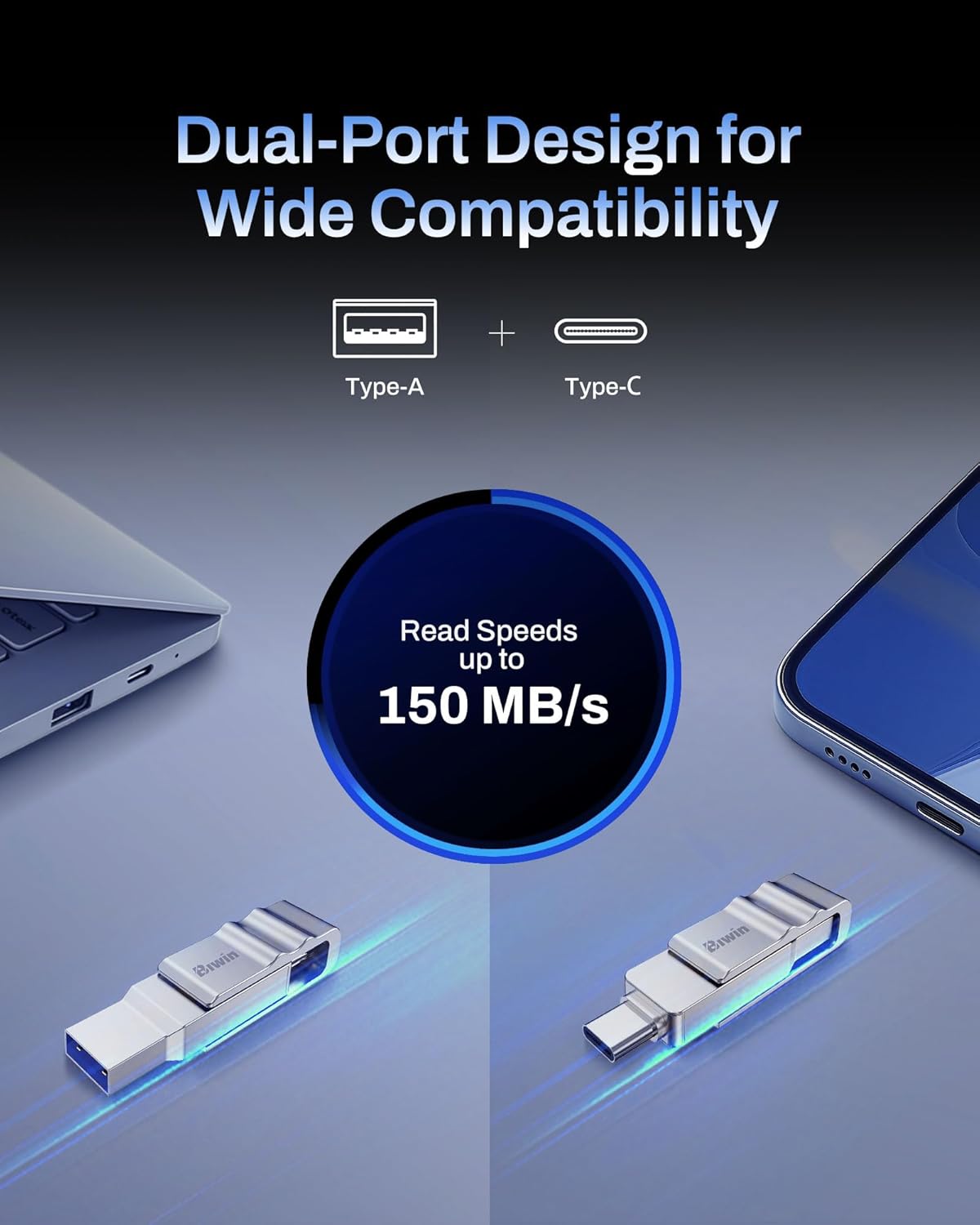 USB Flash drive with dual-port design on a dark background