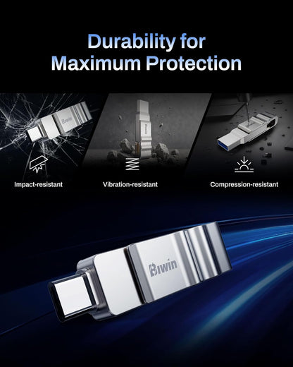 USB drive with durability features on a dark background