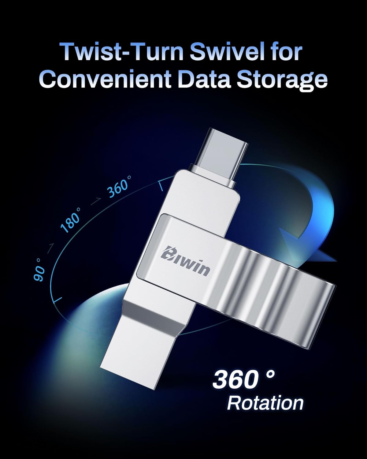 Twist-turn swivel data storage device with 360-degree rotation feature on a dark background.