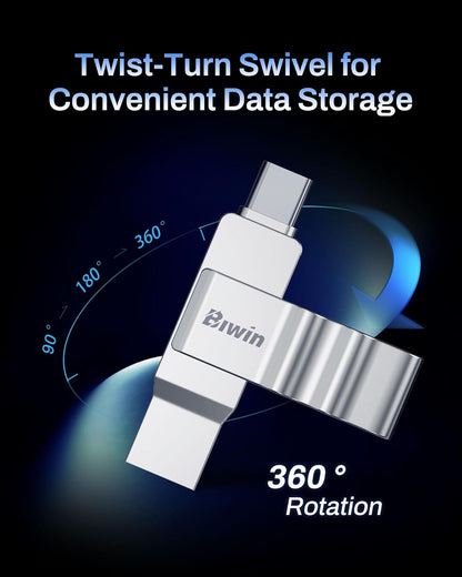 Twist-turn swivel data storage device with 360-degree rotation feature on a dark background.