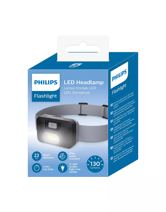 Packaging of the Philips SFL1000H/10 LED Headlamp showing product image, features, and specifications — 130 lumens brightness, 23m beam distance, 2-hour runtime, IPX4 water resistance, and 3 light modes (high, low, strobe)