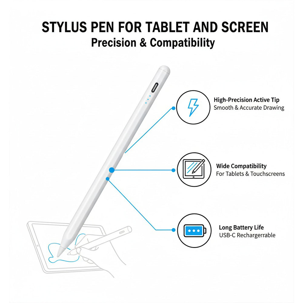 M-Link C11 Stylus Pen for Tablets & Screens, Magnetic, Pixel-Precise, Low Lag White