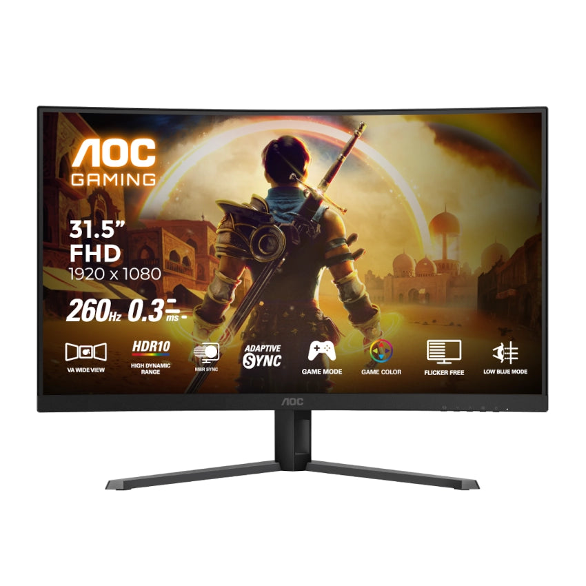 AOC gaming monitor with a character holding a sword on the screen