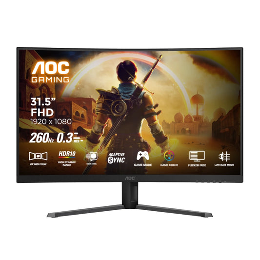 AOC gaming monitor with a character holding a sword on the screen