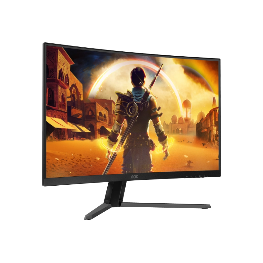 Angled side view of the AOC C32G42ZE 32" 260Hz refresh rate Gaming monitor displaying a character in a fantasy setting with a white background