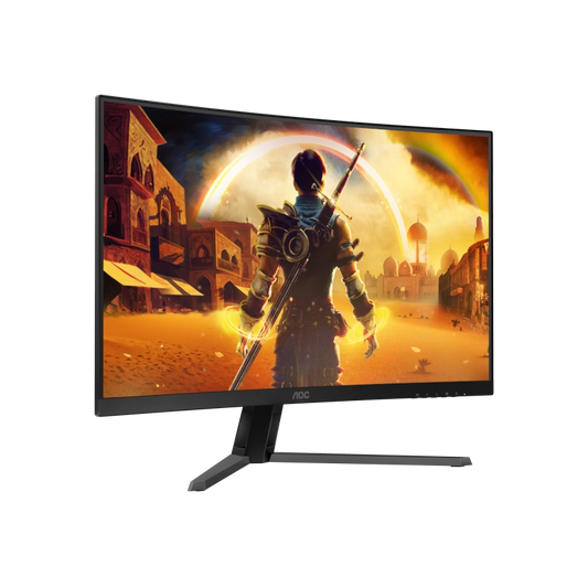 Angled side view of the AOC C32G42ZE 32" 260Hz refresh rate Gaming monitor displaying a character in a fantasy setting with a white background