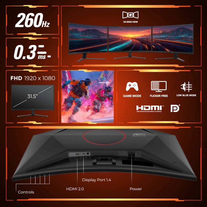 Gaming monitor with specifications and features on a dark background