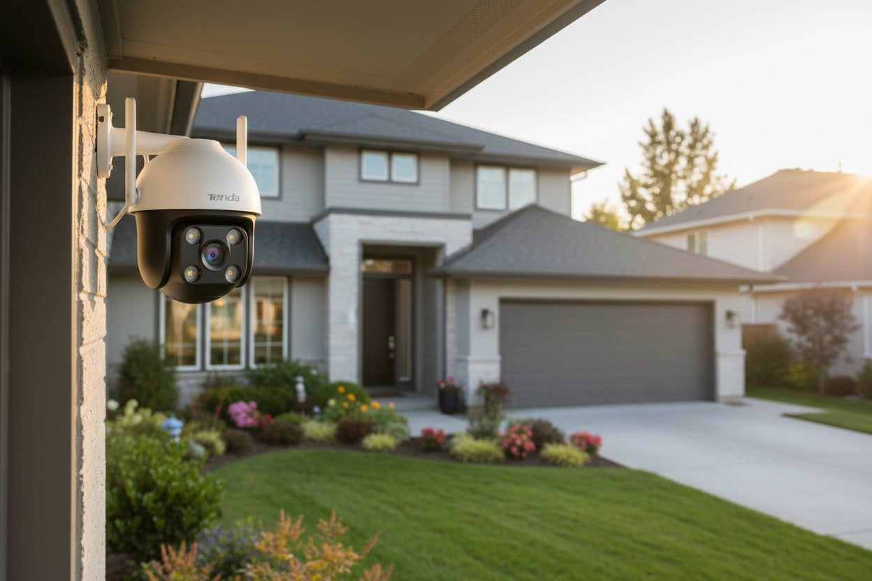 Context image of the camera installed outdoors monitoring a courtyard or property.

