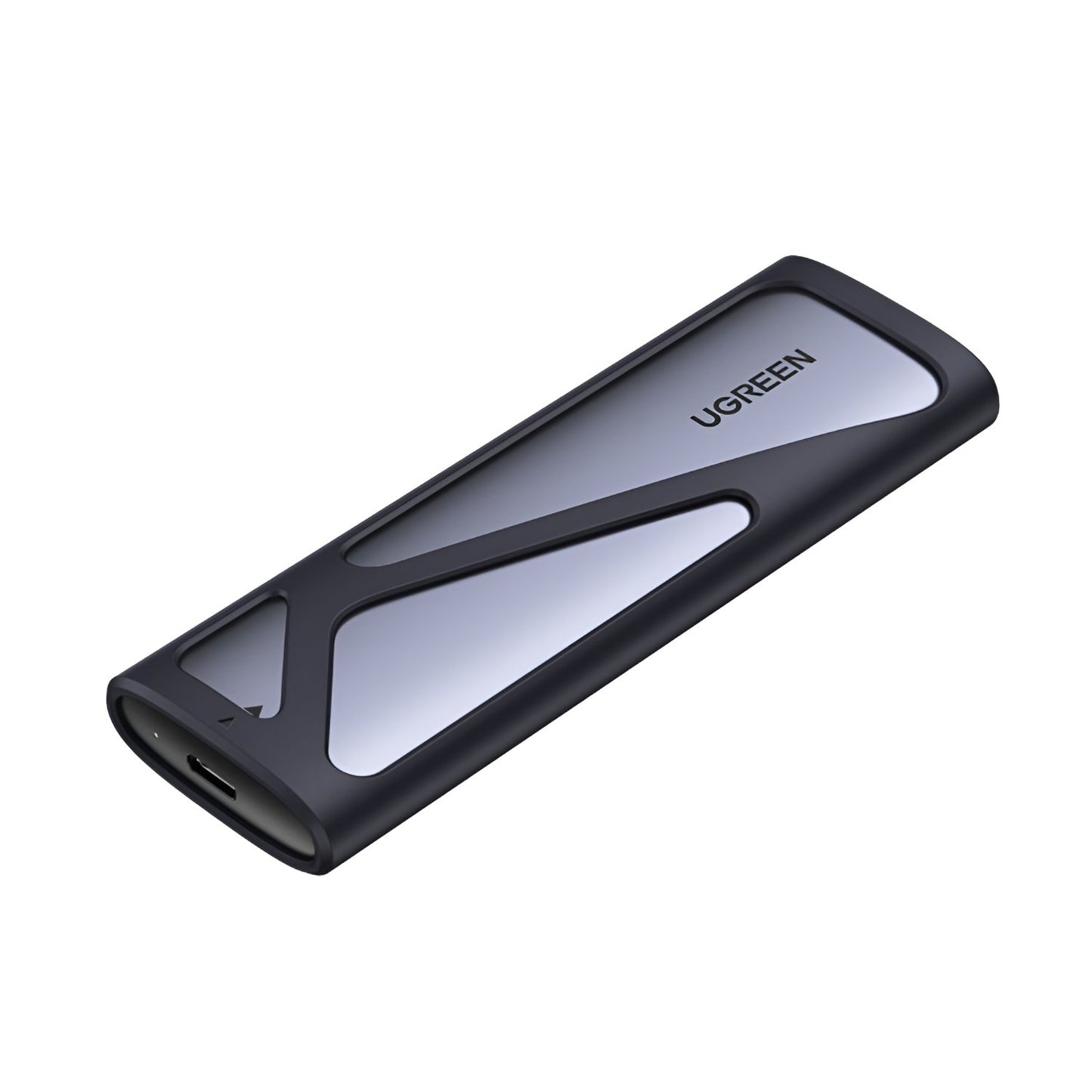 Black and silver UGREEN M.2 ssd external chassis on a white background