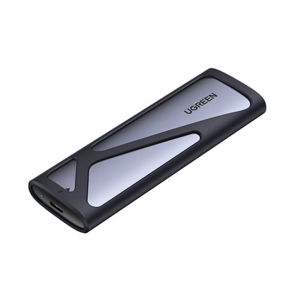 Black and silver UGREEN M.2 ssd external chassis on a white background