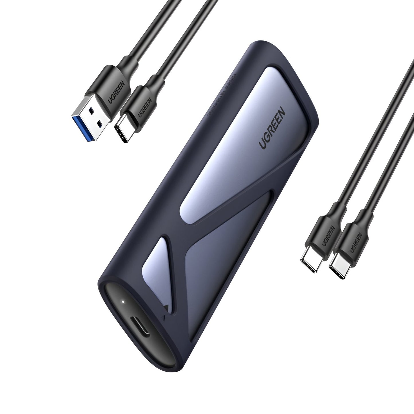 Ugreen M.2 SSD external enclosure and cables on a white background