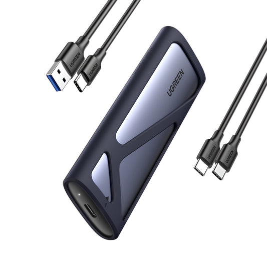 Ugreen M.2 SSD external enclosure and cables on a white background